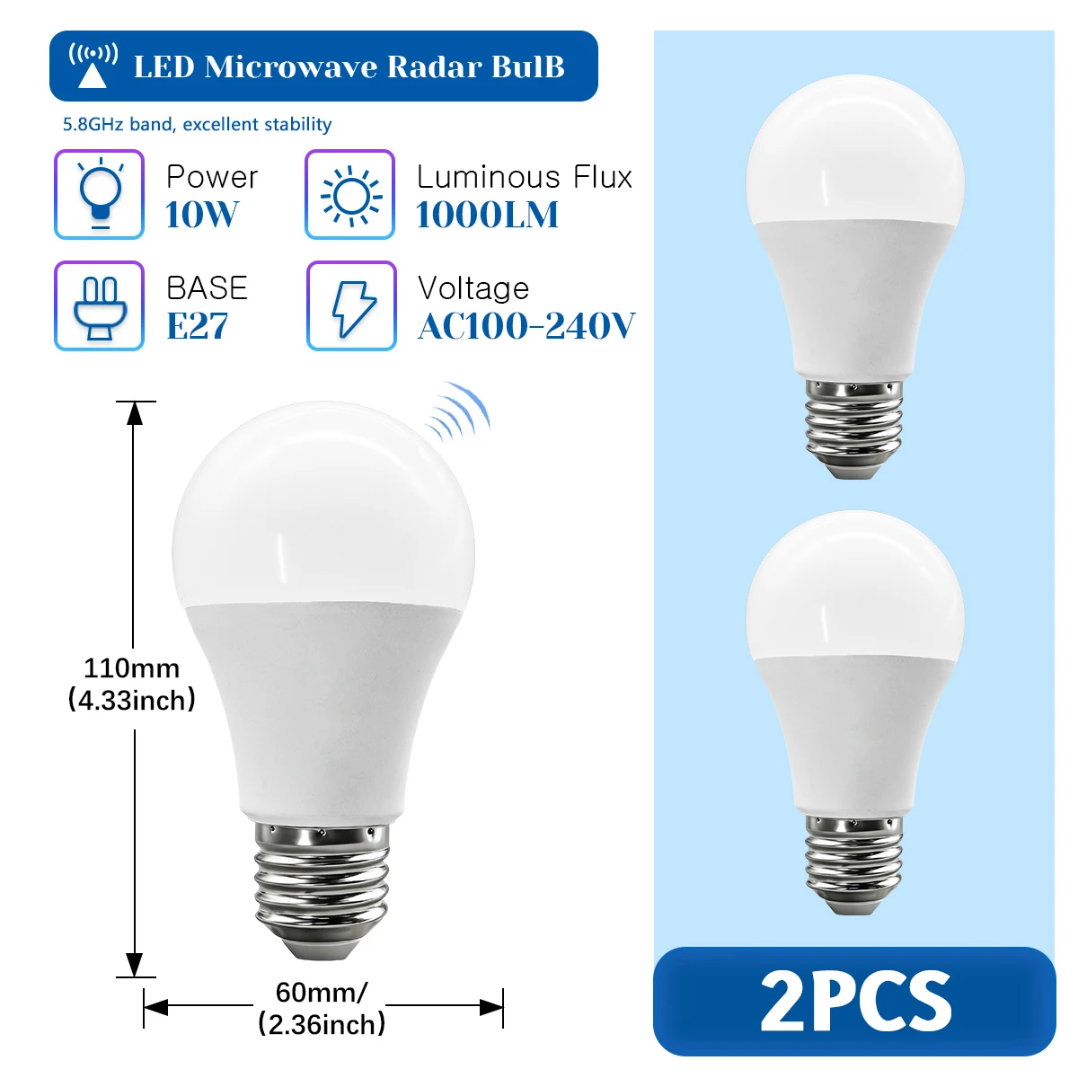(2 Unidades, Luz Blanca Fría 6500k) Bombilla Con Sensor De Movimiento Y Radar De Microondas, 10w, 1000lm, Sin Parpadeo