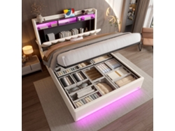 Cama Beige De 140x200 Cm Con Cabecero Led, Usb-c Y Espacio De Almacenamiento.