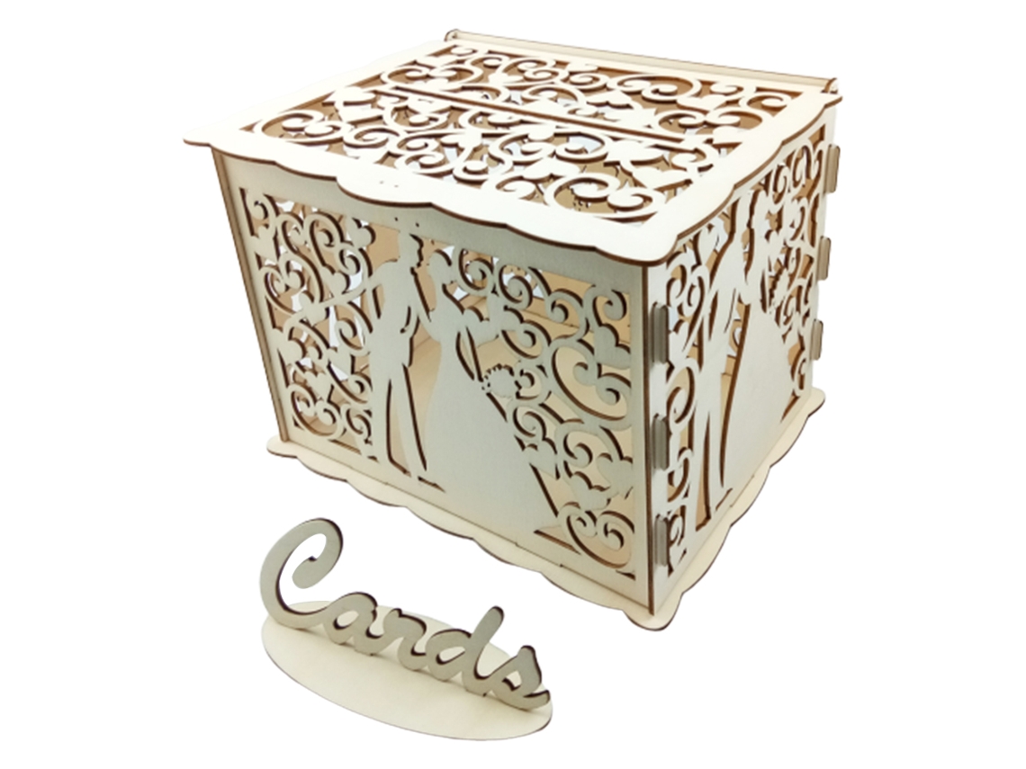 Caja de madera hueca para tarjetas de boda con estampado floral | Sin marca