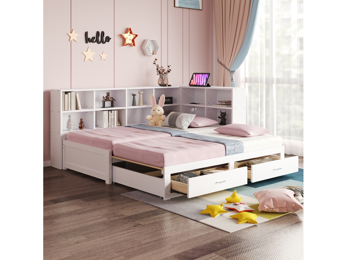 Sofá Cama 90/180x190cm, Con Cama Extraíble, Con Compartimento De Almacenamiento, Cajones, Somier, Cama Individual De Madera, Blanco