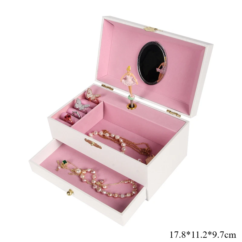 Caja De Almacenamiento Con Espejo De Maquillaje Y Cajón Para Joyas, Caja De Música, Color Blanco Puro De 7 Pulgadas.