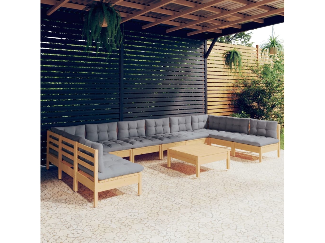 Conjunto de salón de jardín de 11 piezas con cojines grises en pino macizo DKD Home Decor