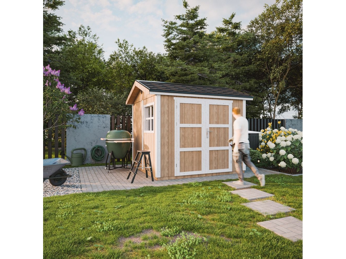 Caseta de jardín de primera calidad de 5,9 m² 252x250x294 cm con suelo y baldosas bituminosas Timbela M913a Terra Marrom