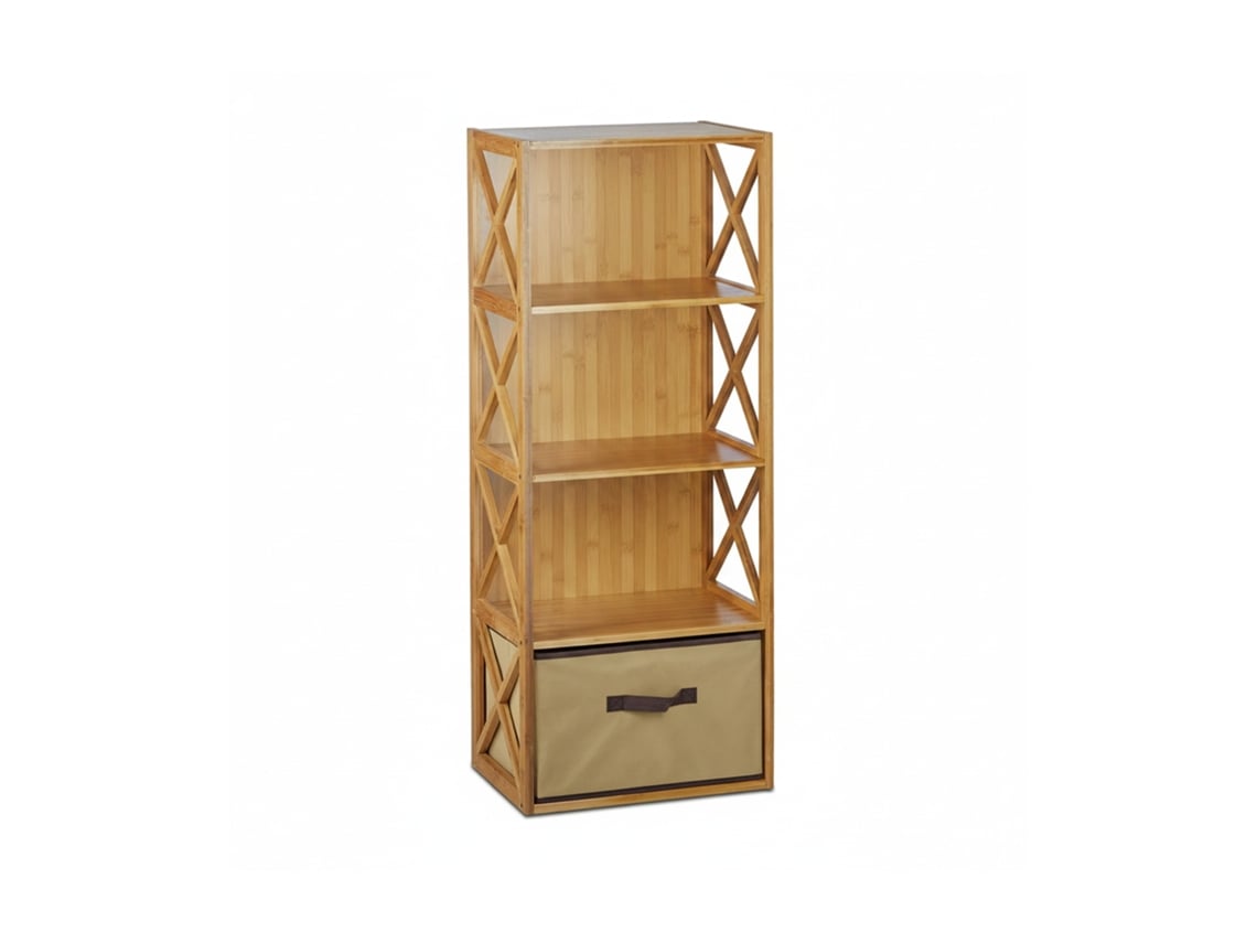 Relaxdays Estantería Con Cesta De Almacenaje, Madera, Cuatro Estantes, Caja Plegable, 105 X 42 X 49 Cm, 1 Ud., Marrón