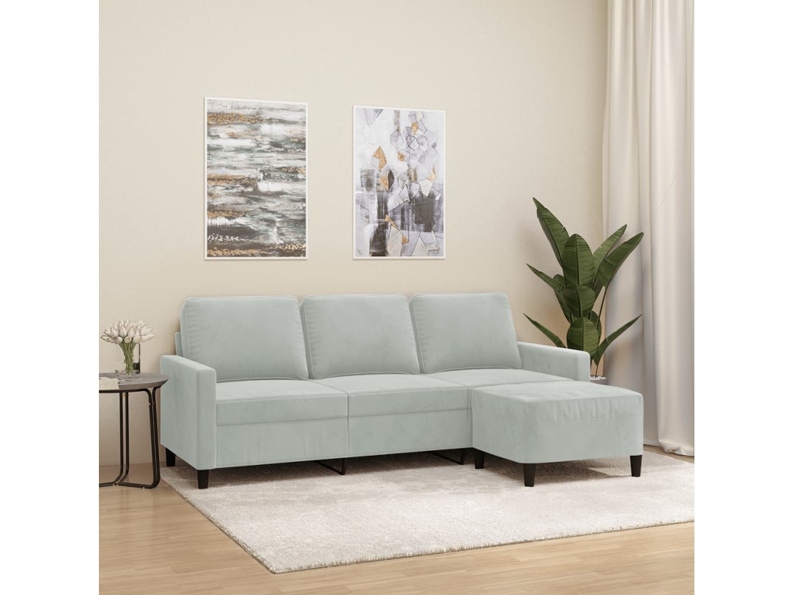 Sofá De 3 Plazas | Sofá De Salón | Sofá De Descanso Con Taburete De Terciopelo Gris Claro 180 Cm