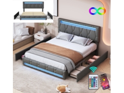 Cama Tapizada 160x200 Cm, Cama De Matrimonio, 4 Cajones, Led Con Control Por App, Tejido De Lino - Gris