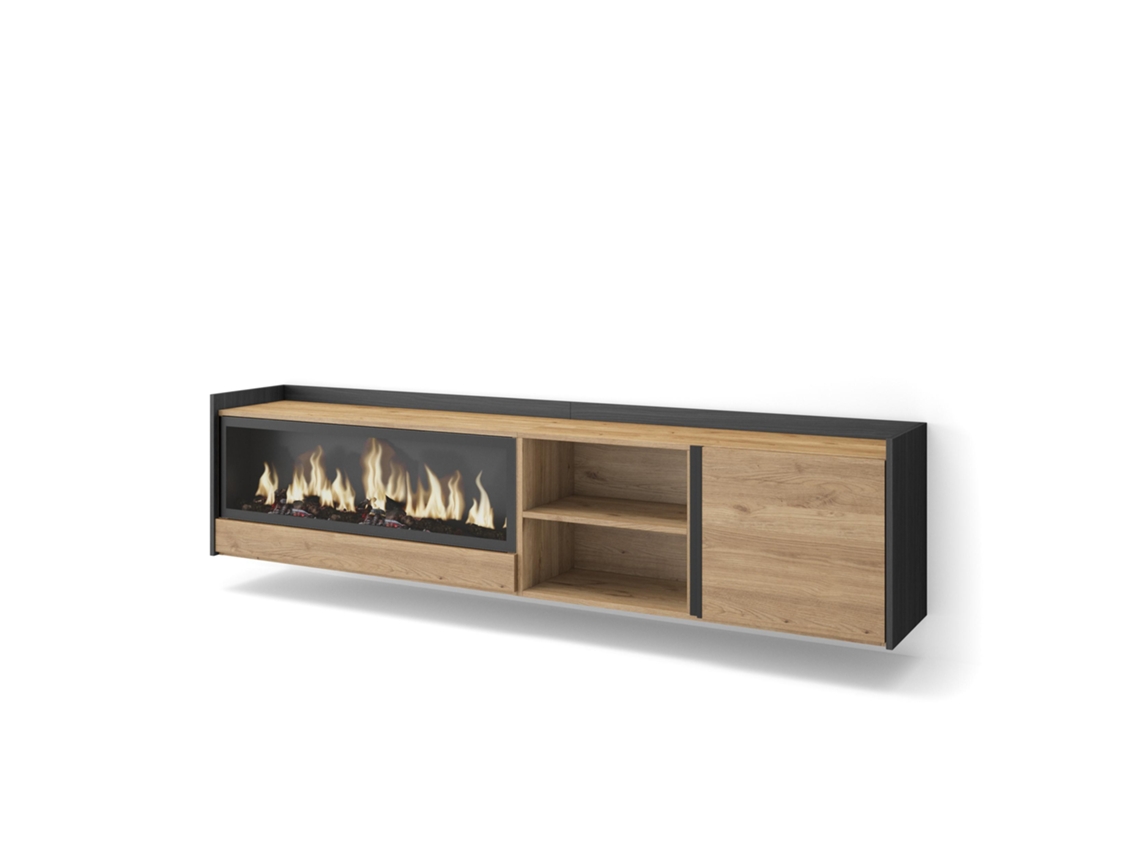 Mueble Tv, Televisión, 212x35x50cm, Para Tv Hasta 80", Chimenea Eléctrica Xxl, Colgado, Suspendido, Roble Y Negro