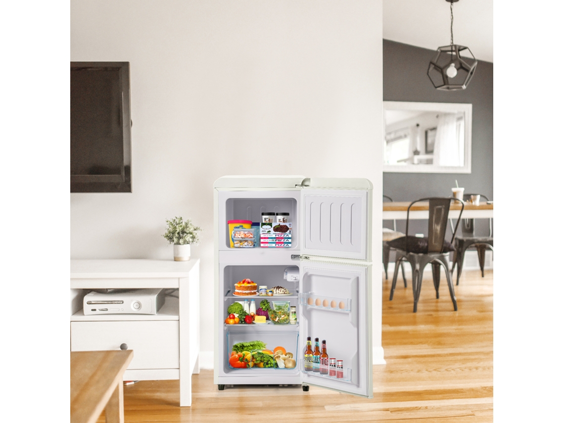 Nevera Retro de Doble Puerta 60L, Congelador 22L, Luz LED, Eficiencia Energética, Blanco Crema