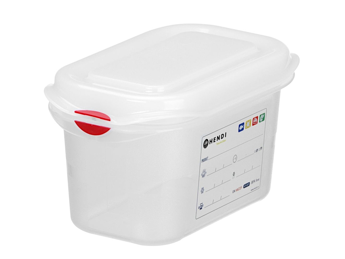 Contenedor de alimentos Gn 1/9 con tapa y etiqueta, 0,6 L, 176x108x65 mm, HENDI