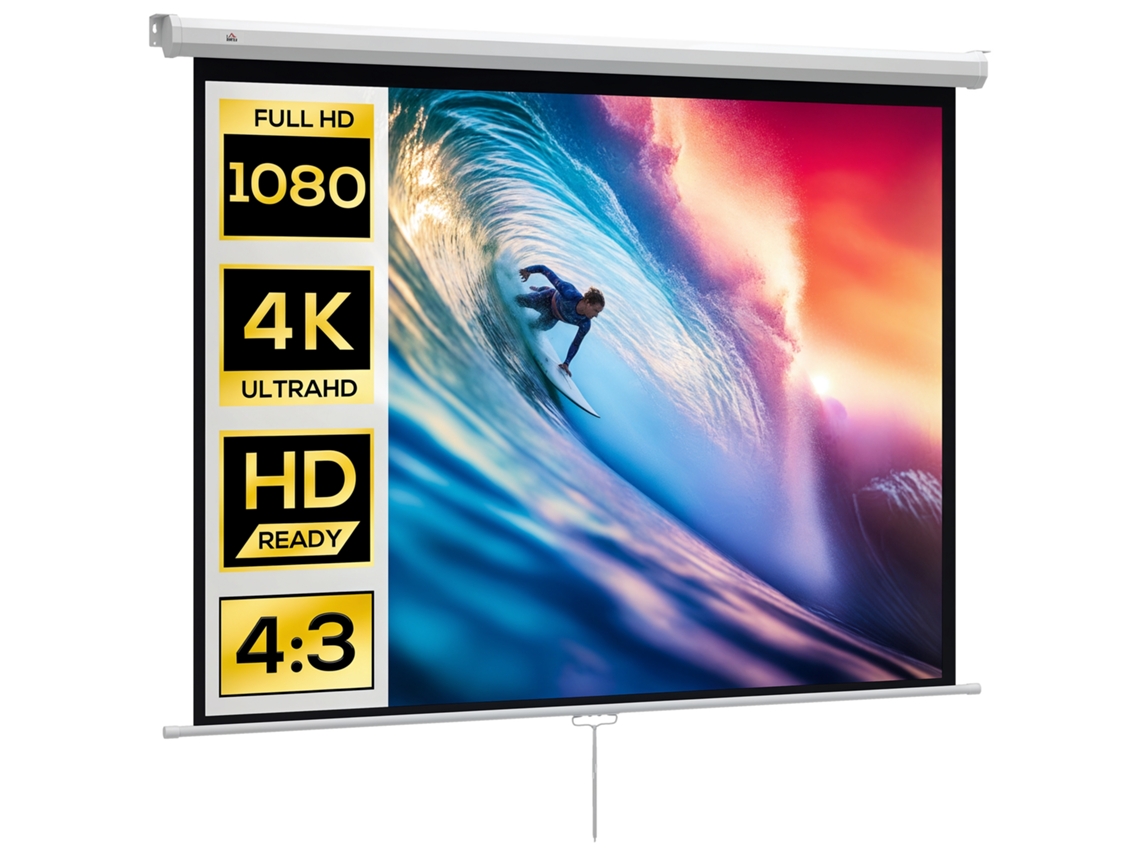 Pantalla de proyección de 84'', formato 4:3 4K HD, montaje en pared o techo, 181 x 8 x 138 cm, blanca. VISTA