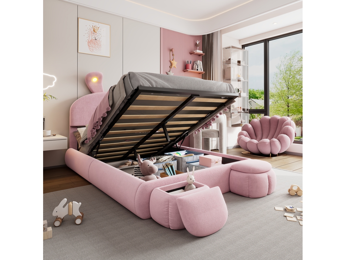 Cama De 140x200 Cm Con Orejas De Conejo, Terciopelo Rosa Y Arcón De Almacenamiento.