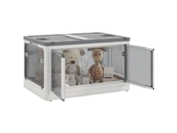 Caja de almacenamiento de plástico plegable y apilable de 99 litros con tapa y ruedas, color blanco.