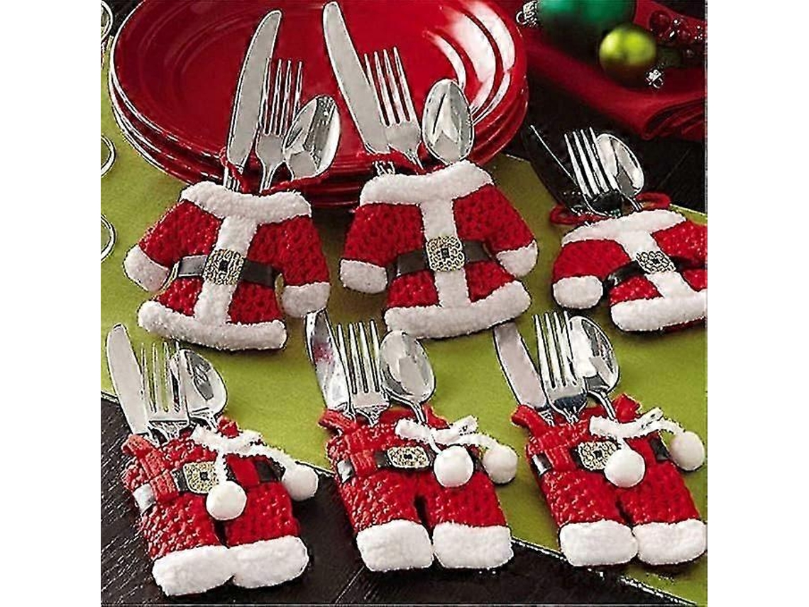 Juego de 6 portacubiertos navideños con funda para cuchillo y tenedor, temática de Papá Noel, decoración de mesa para fiestas navideñas Nostalgia88 (rojo)