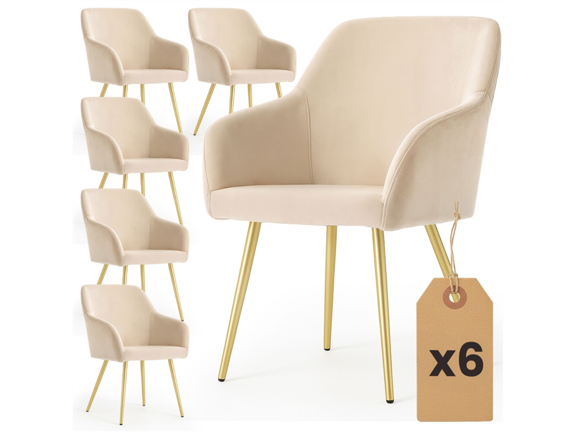 Juego De 6 Sillas En Terciopelo Liso Estelle Beige Patas Doradas