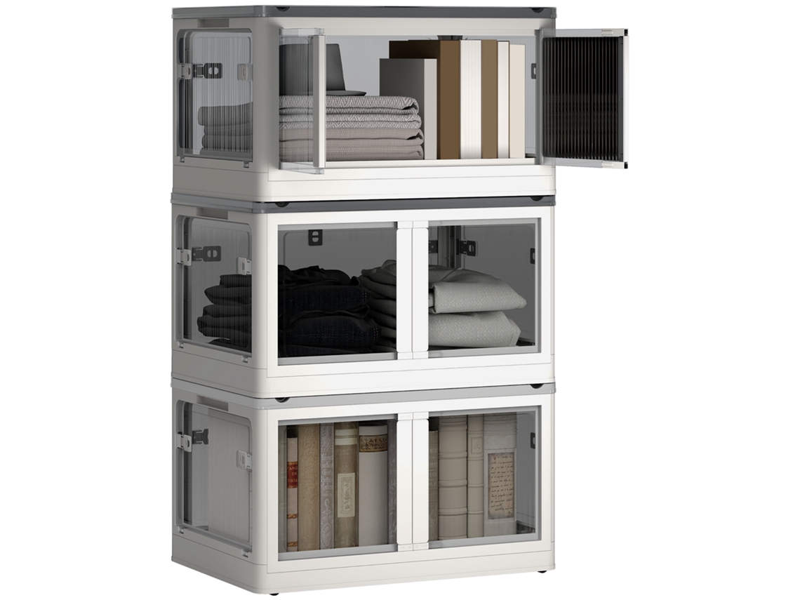 Cajas de almacenamiento de plástico plegables y apilables, 69 litros, tapa, 4 ruedas, acceso por 5 lados, color blanco VISTA