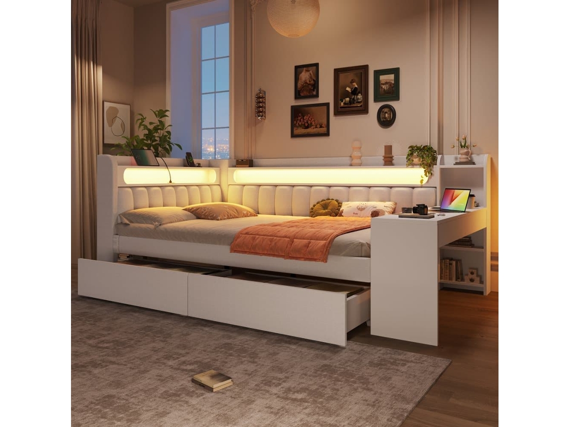 Daybed Tapizado 140x200 - Con Usb, Led, Escritorio Y 2 Cajones - Blanco