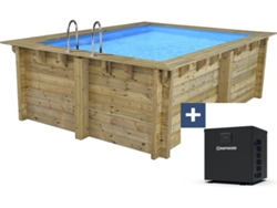 Piscina Rectangular de Madera Caïmans 140 4,10 x 3,00 x 1,39 M Mini Bomba de Calor 3,5 Kw Metal Gris Hábitat y Jardín