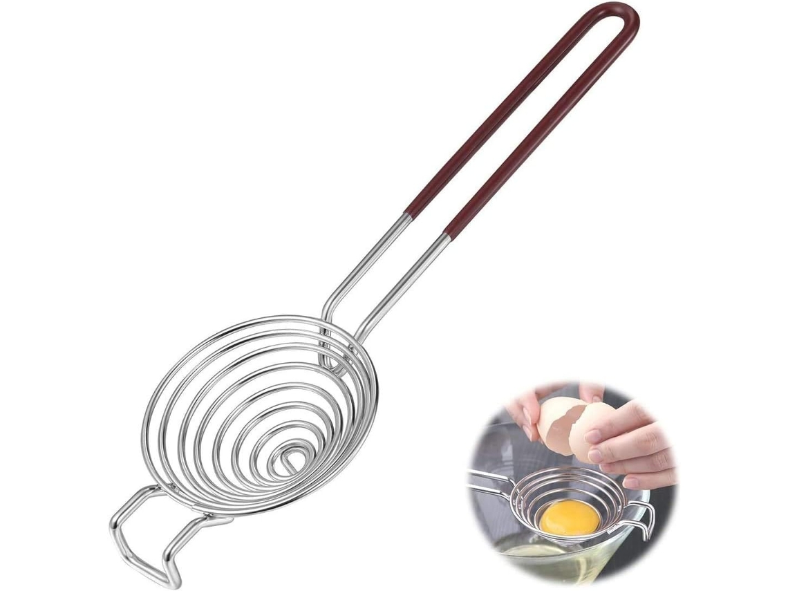 Separador de huevos de acero inoxidable, espiral maleable, apto para uso alimentario, herramienta esencial para una cocina saludable.