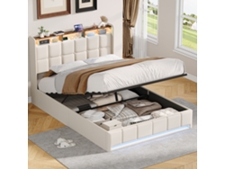 Cama Doble 140 X 190 Cm, Cama Tapizada Con Led, Usb Tipo C, Cabecero Con Espacio De Almacenamiento, Beige, Tejido De Lino