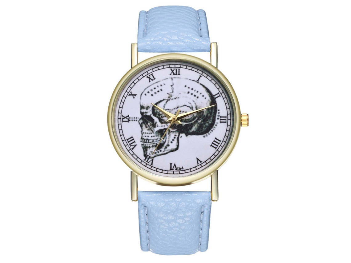 Reloj De Pulsera Unisex De Cuarzo Con Correa De Piel Sintética Con Estampado De Calavera Azul Claro.