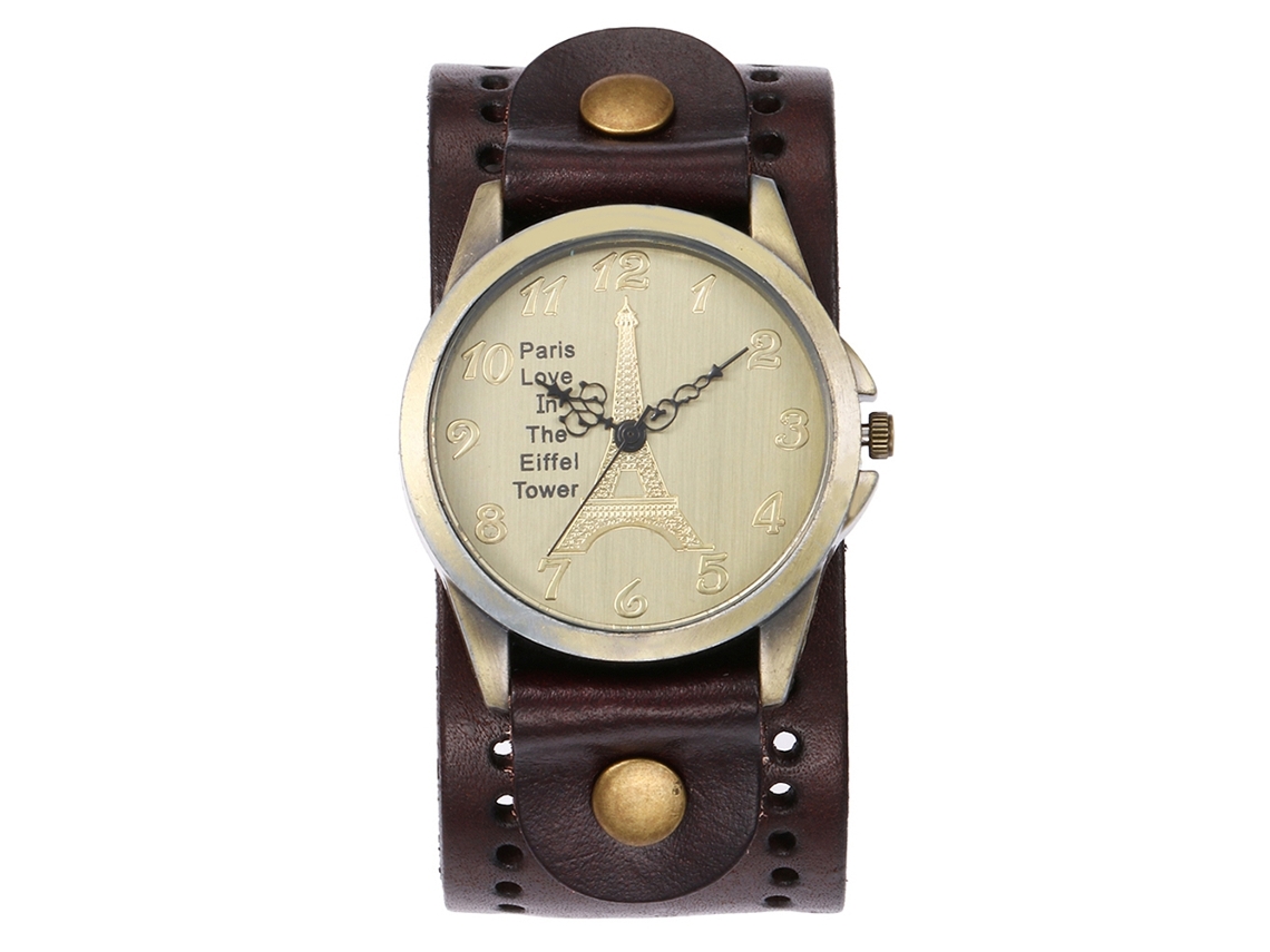 Reloj De Cuarzo Con Dial Torre Eiffel Retro De Cuero Pu Redondo Para Hombres Y Mujeres (café Oscuro)