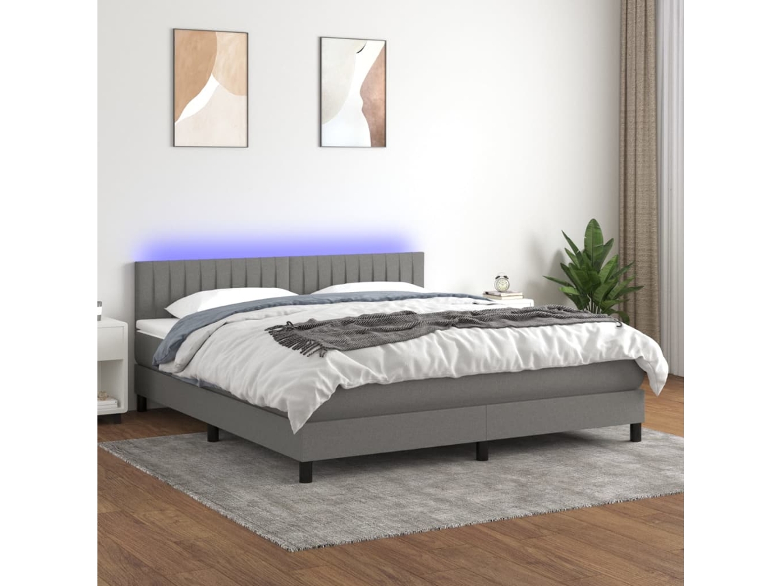 Cama Box Spring Colchón Y Luces Led Tela Gris Oscuro 180x200 Cm