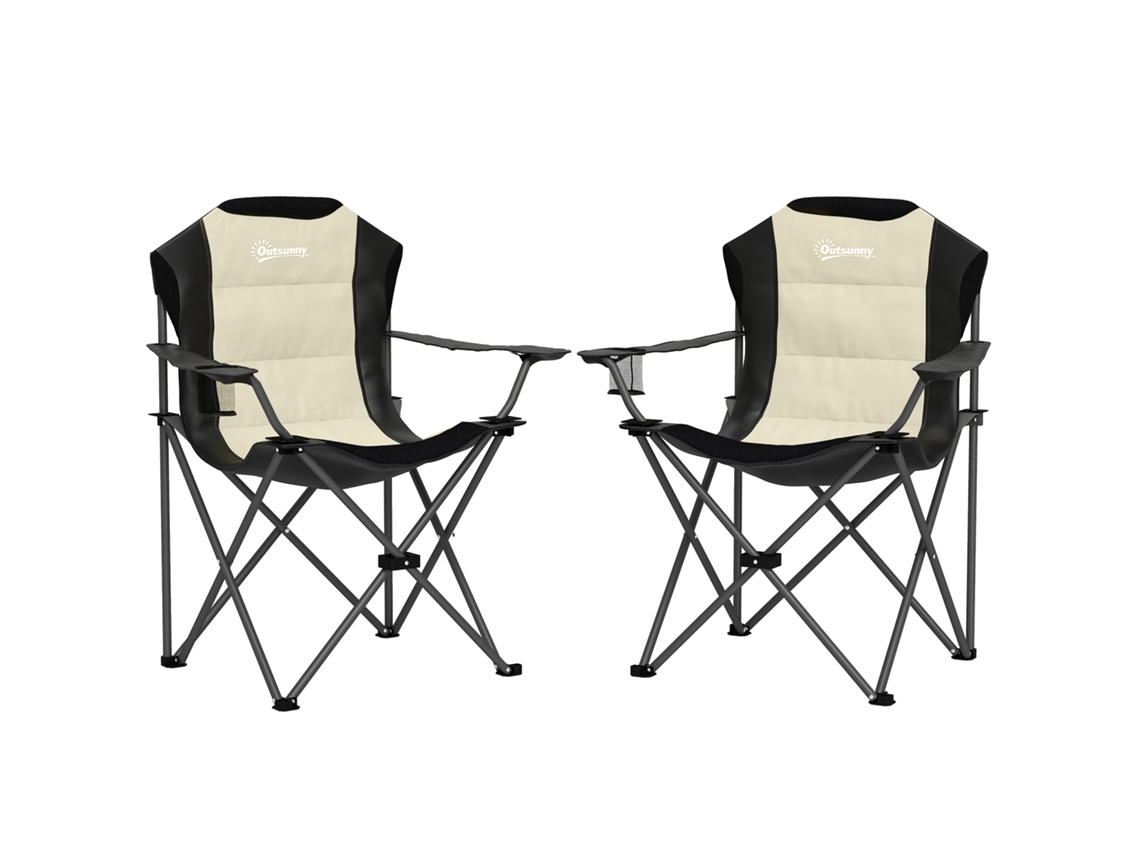 Conjunto De 2 Sillas Plegables Camping Acolchado Con Respaldo Alto Portavasos Y Bolsas De Transporte Crema Y Negro