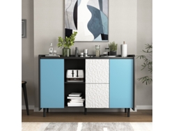 Aparador/buffet negro con puertas azules, 2 cajones y compartimentos abiertos – Moderno