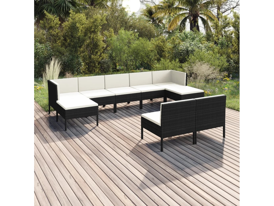 Conjunto de jardín de 9 piezas con cojines, mimbre sintético negro, DKD Home Decor