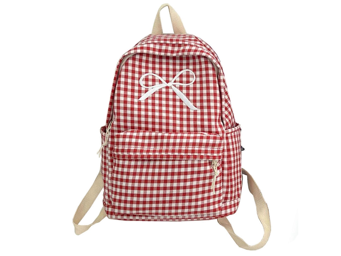 Mochila de estilo japonés con estampado de cuadros y lazo, gran capacidad, ideal para estudiantes, chicas y adolescentes. Roja.