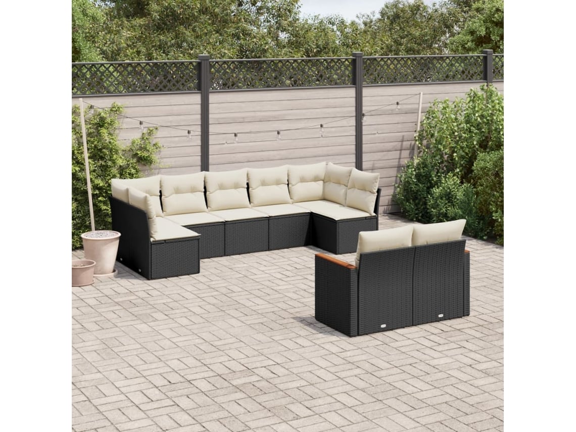 Conjunto de sofá de jardín de 9 piezas con cojines, ratán negro, Dkd Home Decor