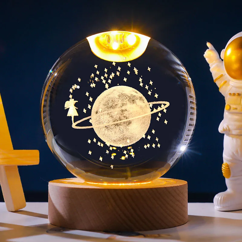 (con Base Luminosa) Adorno De Bola De Cristal, Estatua Esférica Grabada Con Láser En 3d, Galaxia