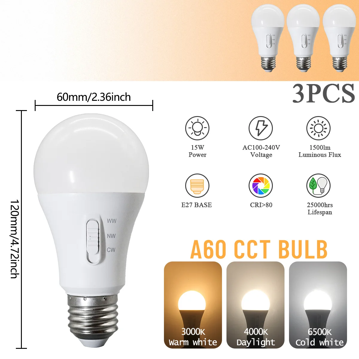 (3pcs, Ac100-240v) Bombilla Led E27 Con Interruptor Dip, Interruptor De Temperatura De Tres Colores, 15w, Para La Iluminación Del Hogar