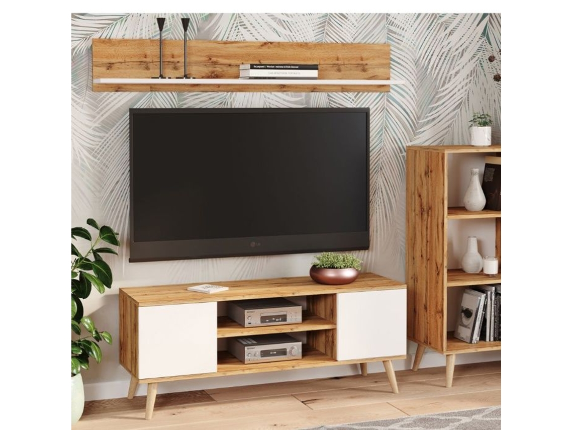 Mueble de Tv FOCUS en Roble Dorado Blanco Patas de Madera Estilo Escandinavo