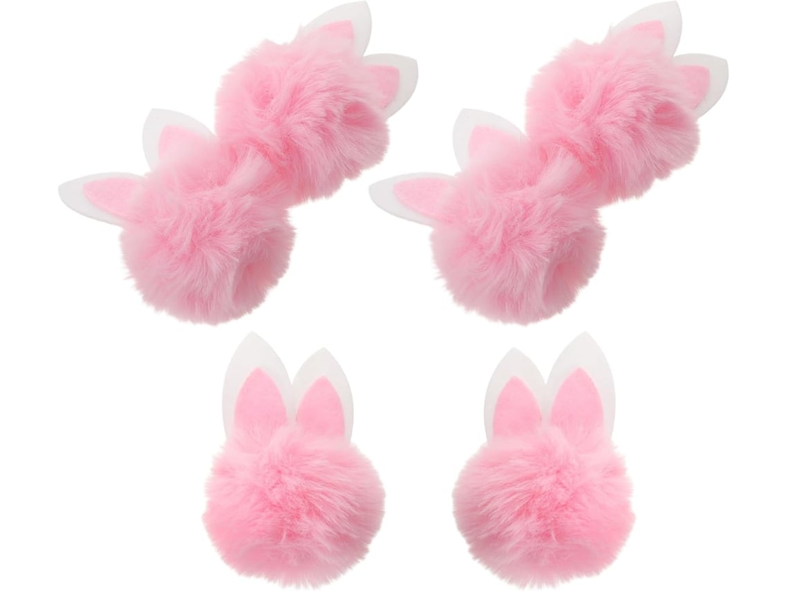 Conjunto De 6 Coelhinhos De Pelúcia Rosa Com Pompons E Orelhas.