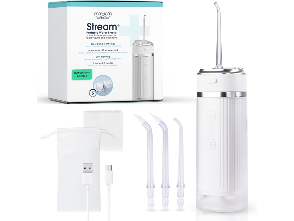 Irrigador bucal Stream Water Flosser, 3 puntas especiales, presión ajustable, eliminación de placa, caja blanca