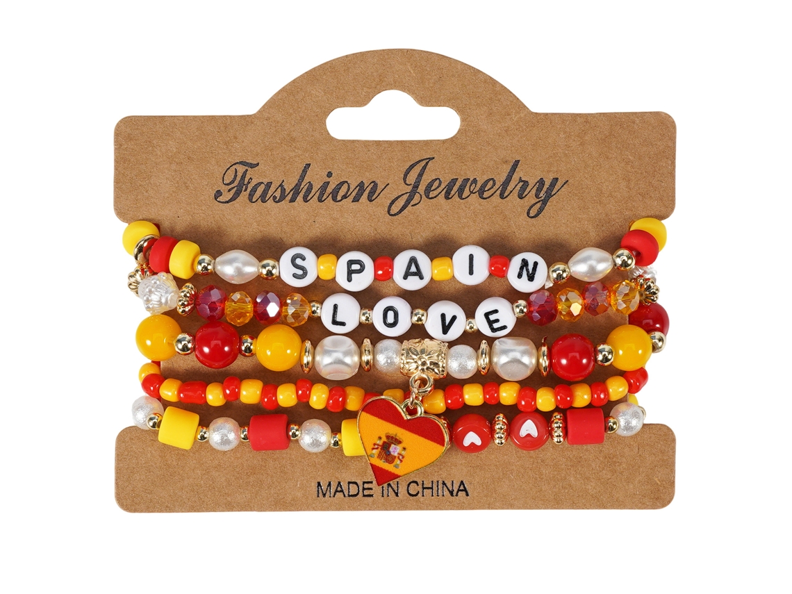 Juego Pulseras Cuentas Corazón Bandera España Rojo Amarillo, Joya En Capas Para Aficionados Al Fútbol Y Actos Patrióticos Españoles