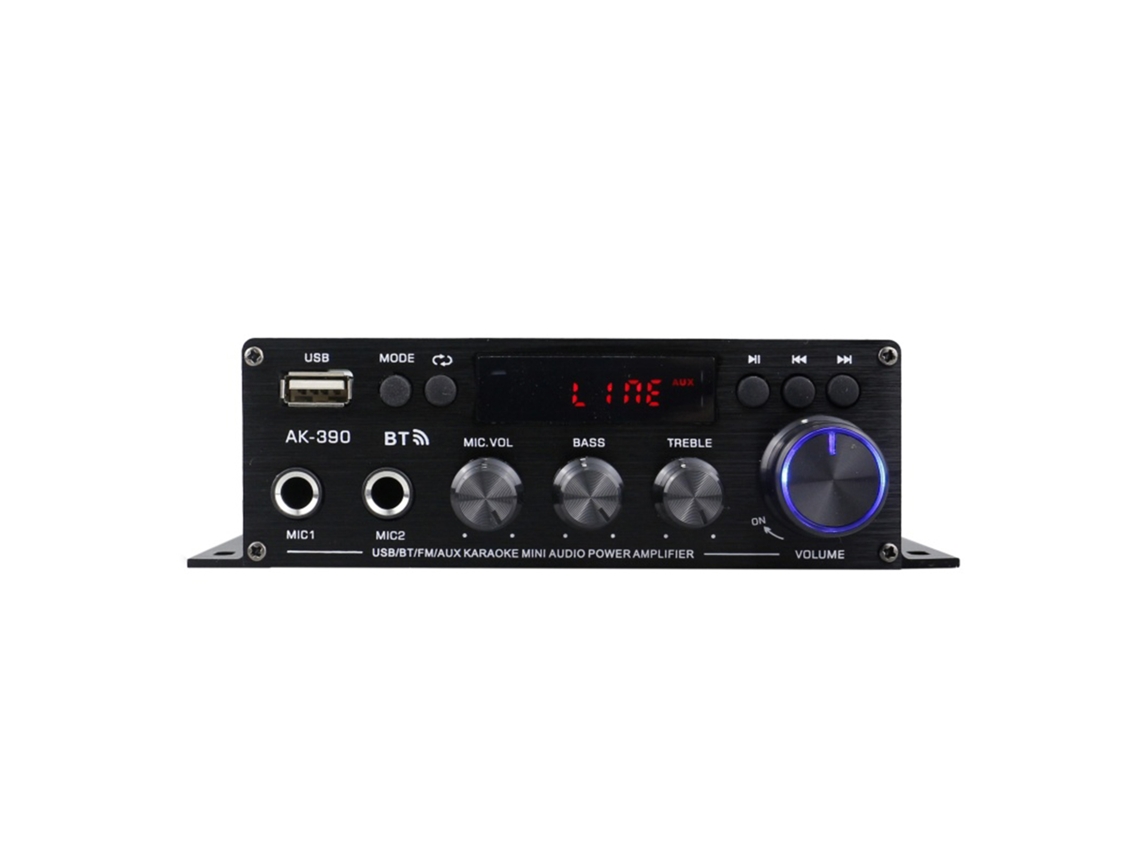 Mini amplificador de audio de 2 canales 40W+40W con Bluetooth, USB, FM y control remoto para coche y hogar.