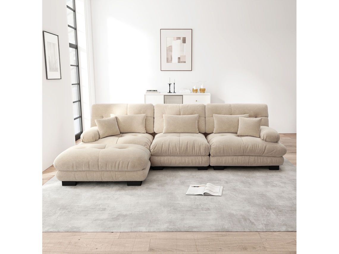 Sofá Esquinero en L – Sofá Cama Profundo, Terciopelo Chenille, Light Coffee