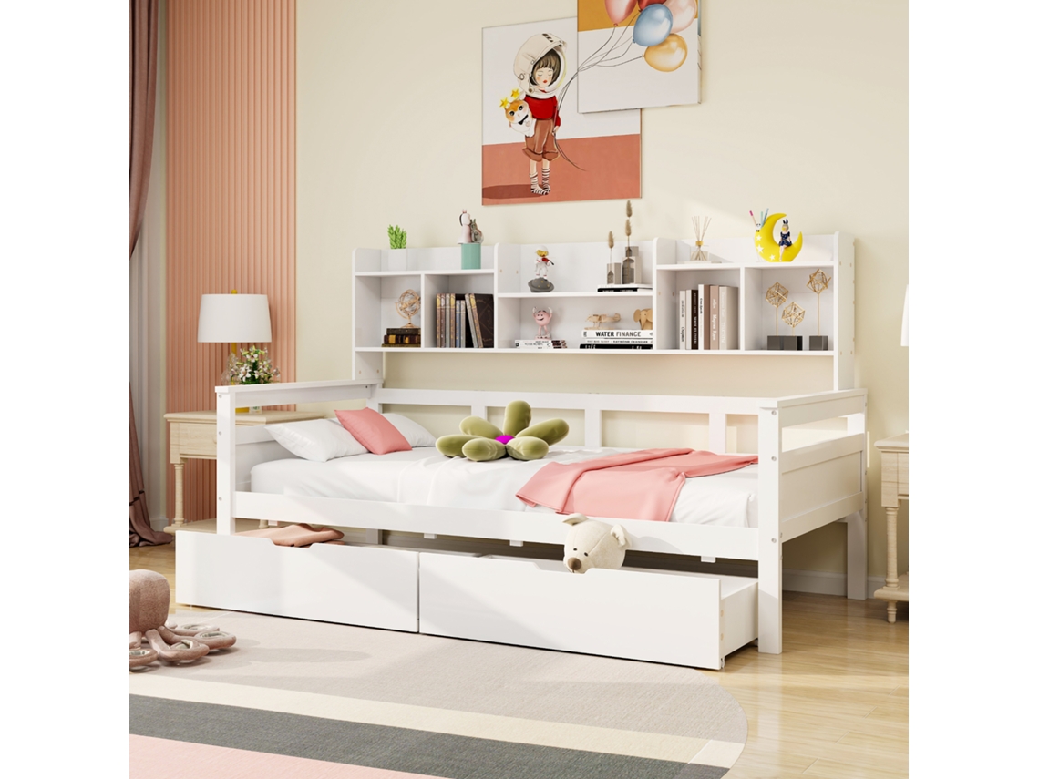 Sofá Cama Infantil Blanco De 90x200 Cm Con Cajones Y Estantes.