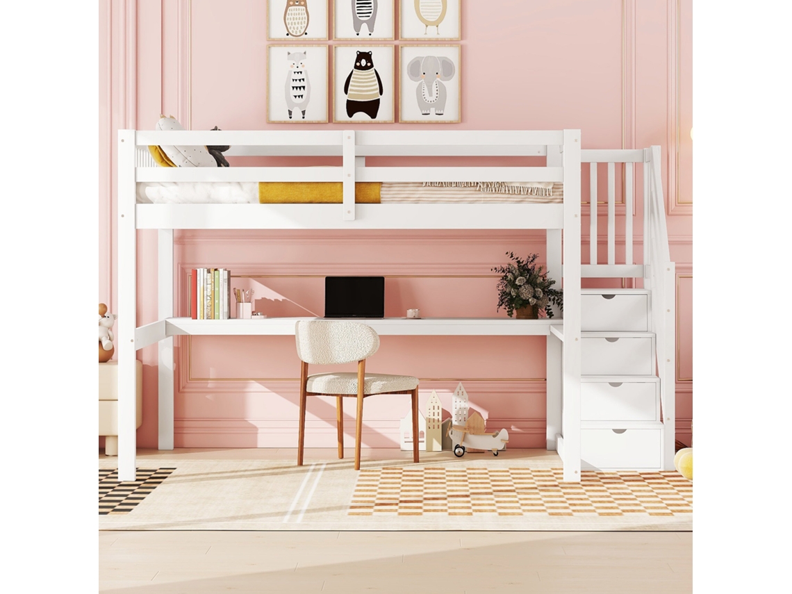 Cama alta de madera de pino de 140 x 200 cm con escalera de almacenaje y escritorio blanco