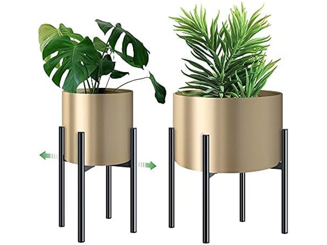 Soporte de metal con materiales ecológicos, soporte elevado de inspiración bambú de mediados de siglo, soporte ajustable para macetas de interior y exterior.
