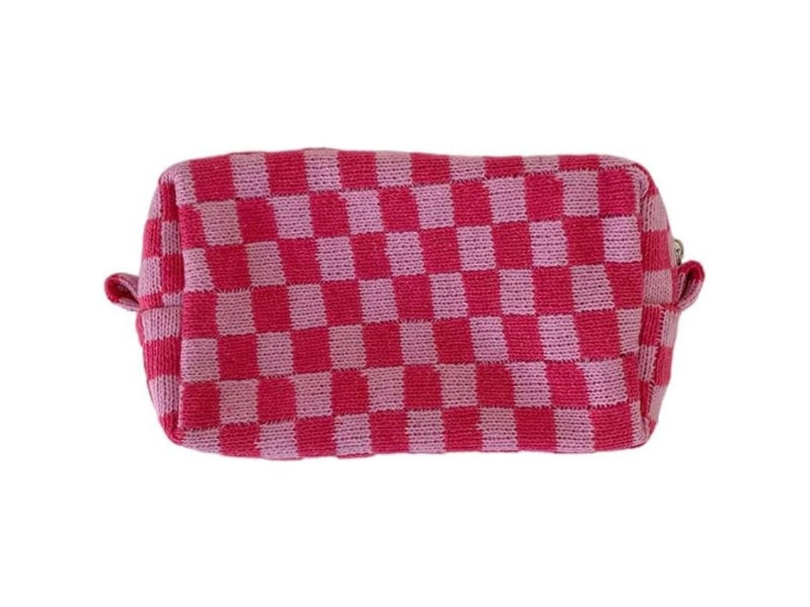 2026-bolsa De Maquillaje De Tela Tejida A Cuadros Rosa Portátil Con Bolsillo Para Teléfono Y Cierre Zipper Ideal Para Viajes Y Ocasiones Diarias