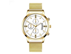 Reloj De Pulsera De Cuarzo Para Hombre Con Calendario, Esfera Redonda, Oro Y Acero Blanco.