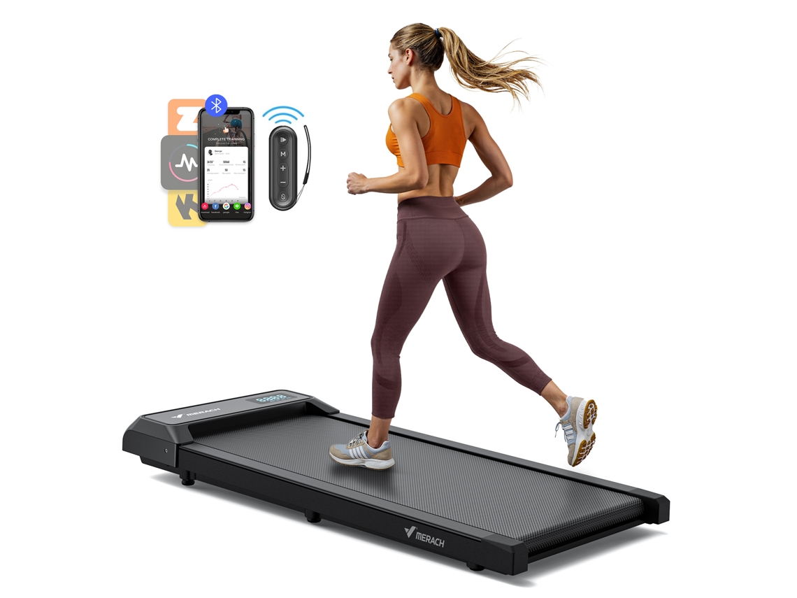 Cinta de correr Merach 3 en 1, Bluetooth, LED, compatible con APP, 2,5 CV, mando a distancia magnético, superficie de carrera 109 x 47 cm, negro