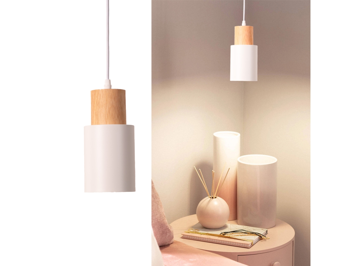 Lámpara colgante Kira de metal blanco y madera, estilo escandinavo y moderno, E27, Alpinaluz