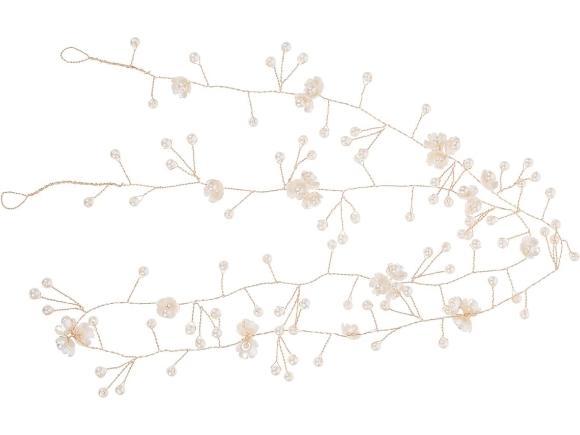 Tiara De Noiva Trançada Em Cobre Banhado A Ouro Com Pérolas E Flores De Cinco Pétalas.