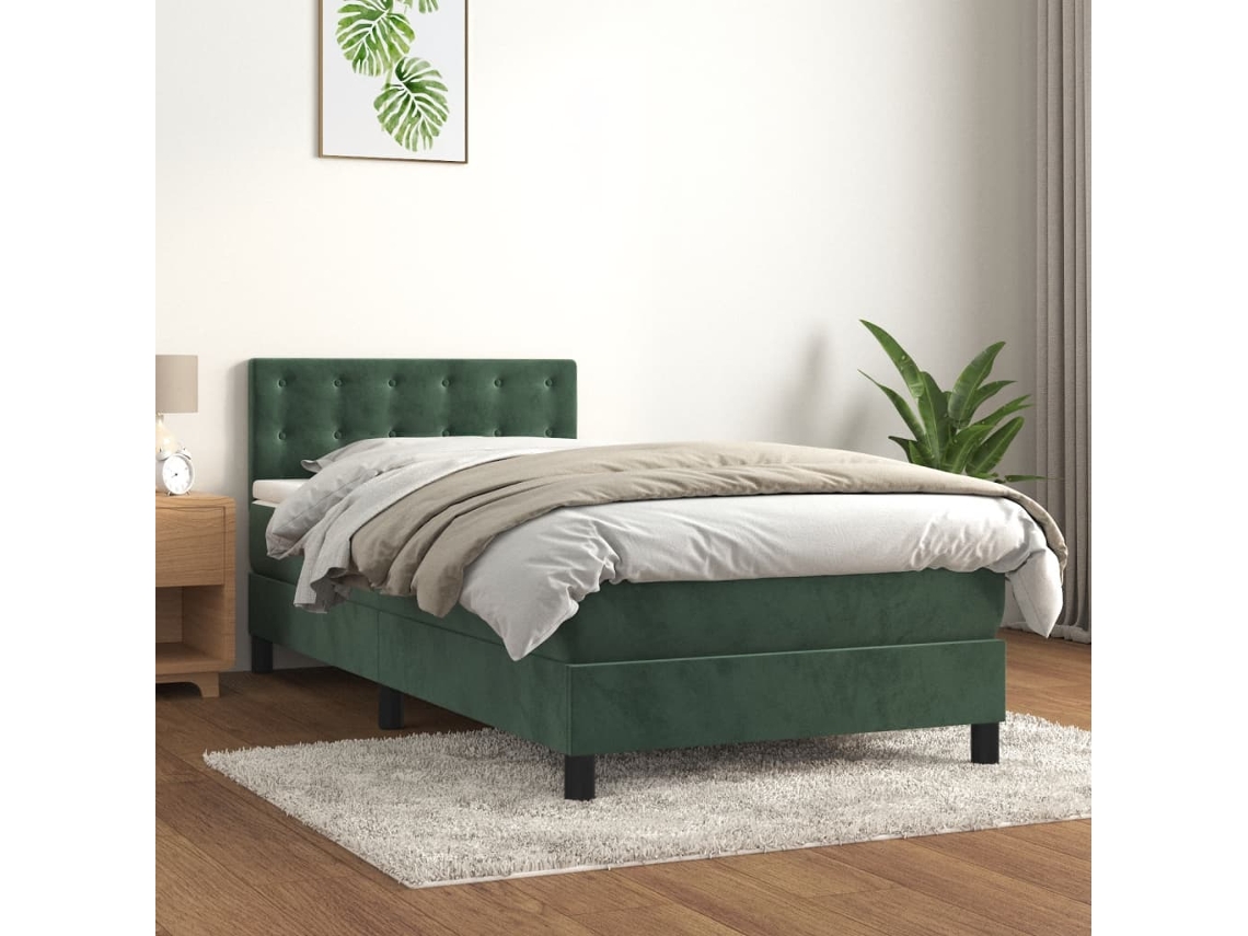 Cama Box Spring Con Colchón Terciopelo Verde Oscuro 90x200 Cm