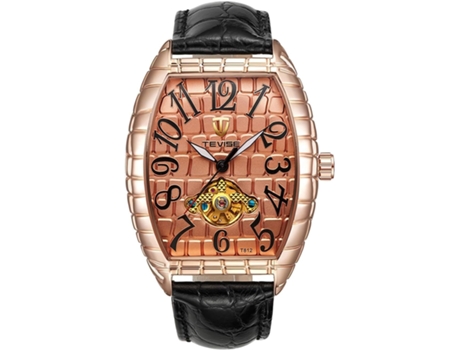 VEANXIN Reloj Mecánico Relojes Automáticos Rectángulos de Cuero Negro-Color Oro Rosa