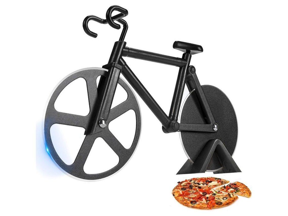 Cortador de pizza Linjou de acero inoxidable con ruedas dobles y soporte para bicicleta.